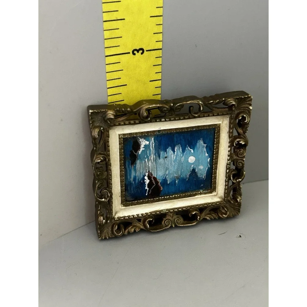 Vintage Dollhouse Miniature Night Ocean Moonlight Beach Painting In Mini Frame